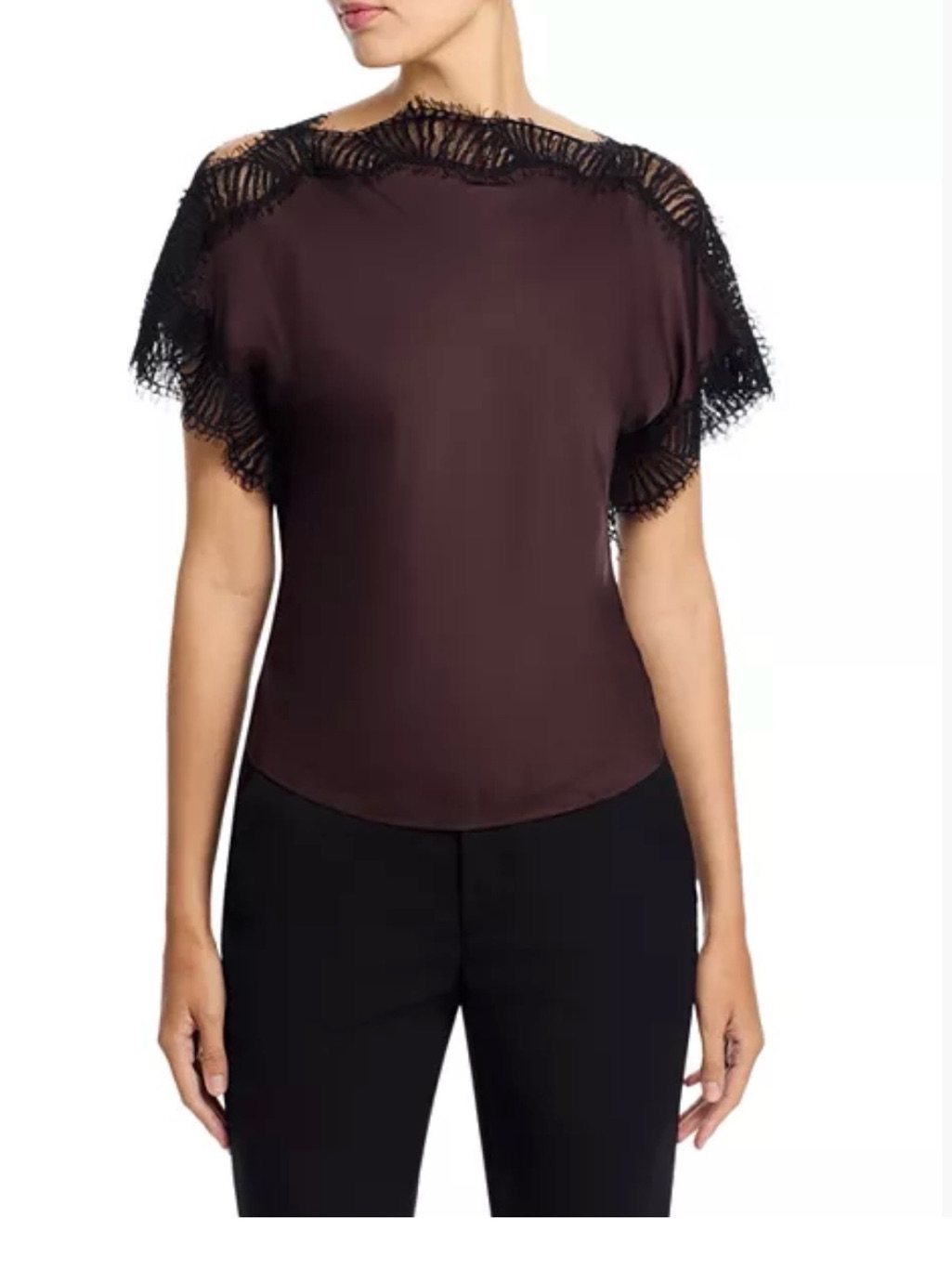 A.L.C. Chocolate Brown Luna Blouse With Black Lace Trim Size 10